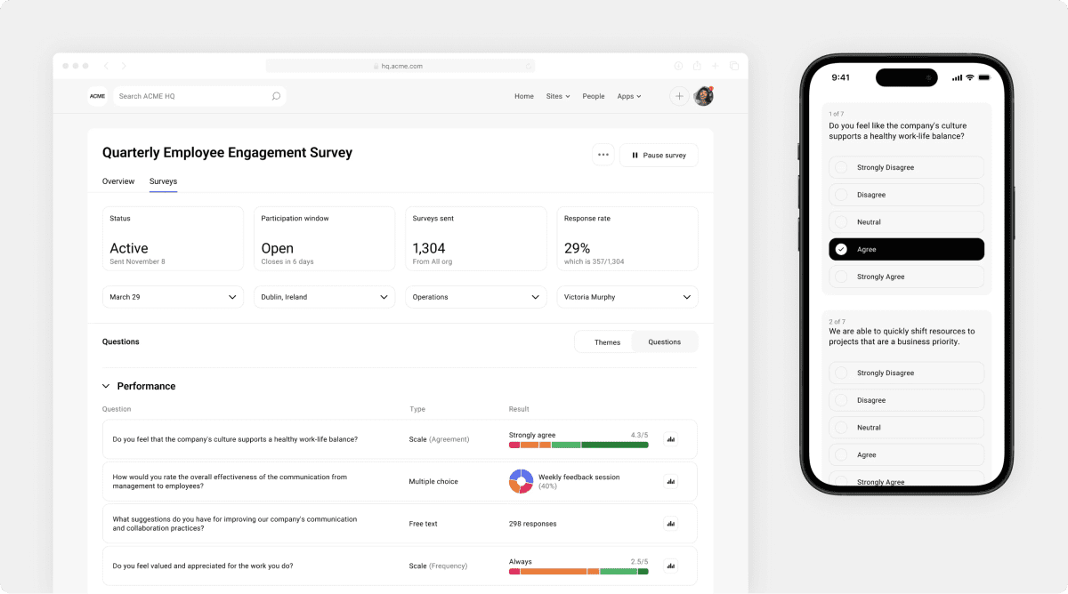 Employee engagement survey questions - dashboard showing results of quarterly employee engagement survey