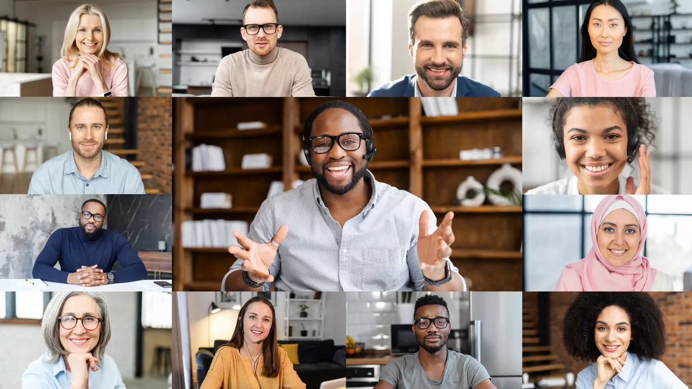 Remote worker - screenshot of a virtual staff meeting; people involved are fairly diverse