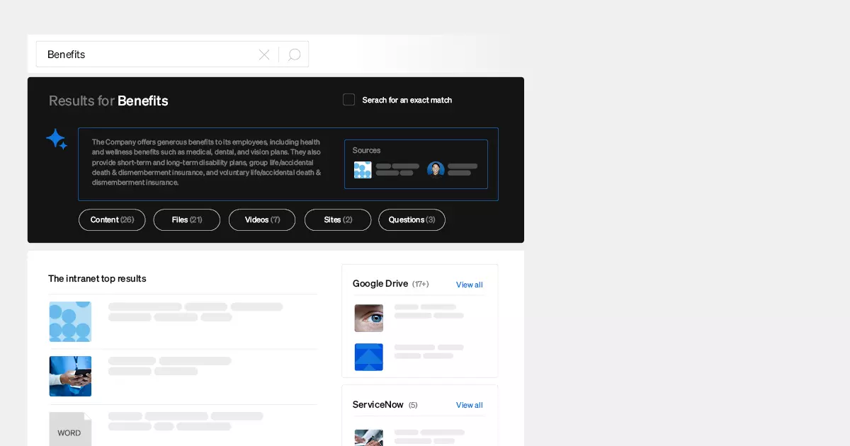 Intranet employee engagement - AI-assisted search tool generating results for search & benefits