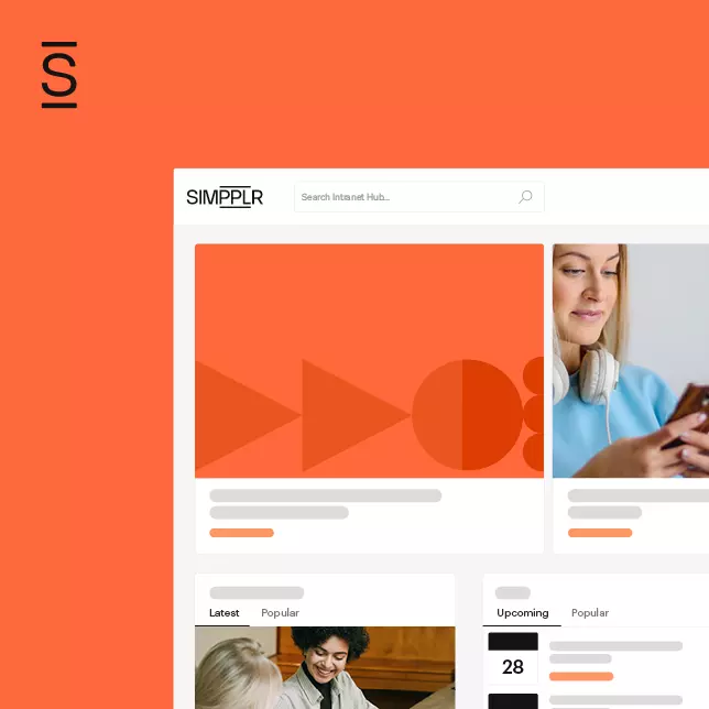 Social intranet - Simpplr intranet homepage superimposed on orange background
