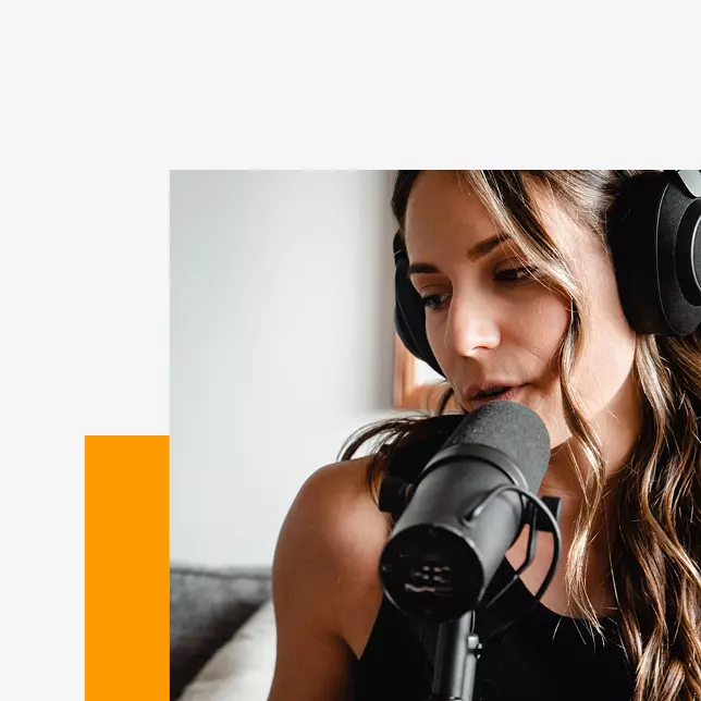 Employee experience webinar - woman with headphones speaking into microphone