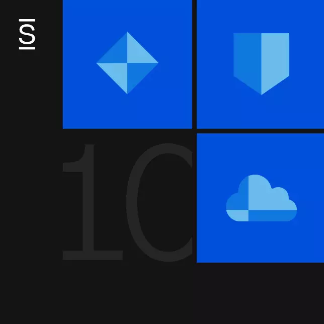 Intranet security - grey number 10, blue shield, blue cloud, and blue diamond on a black background
