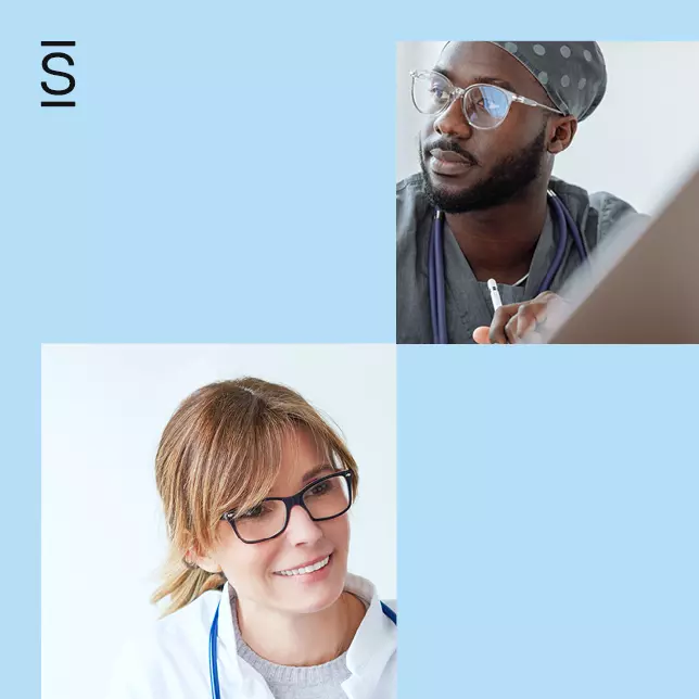 Empowering leaders - two headshots of a male doctor and a female doctor on a light blue background