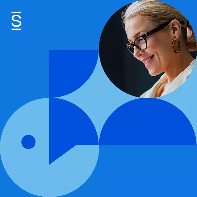 Enhance Employee Experience with AI Personas - headshot of female employee with glasses smiling on top of blue background