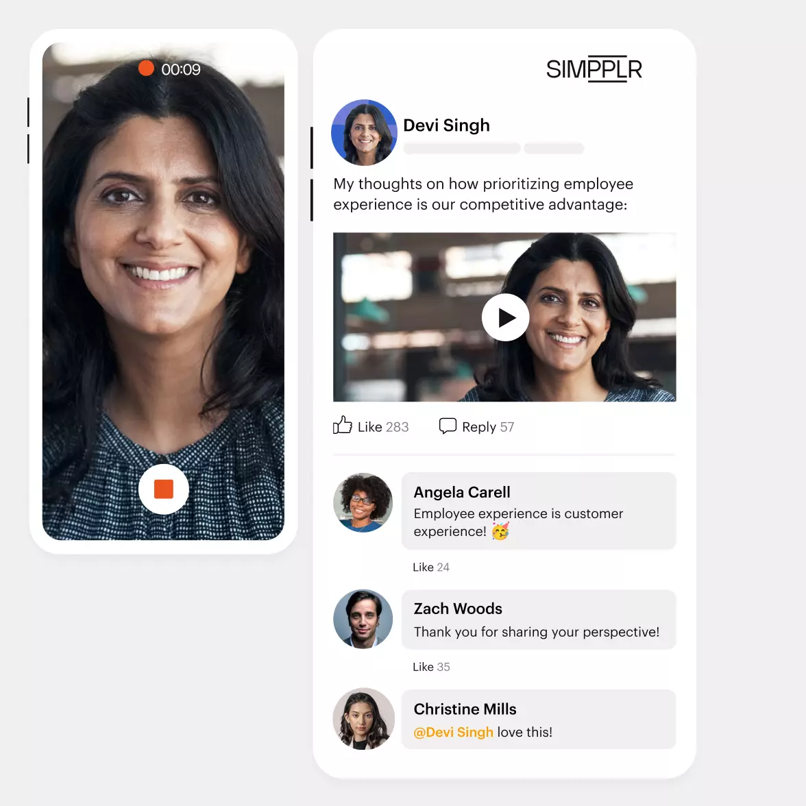 Simpplr mobile and personalized intranet product screenshot – app display showing executive’s video & comments