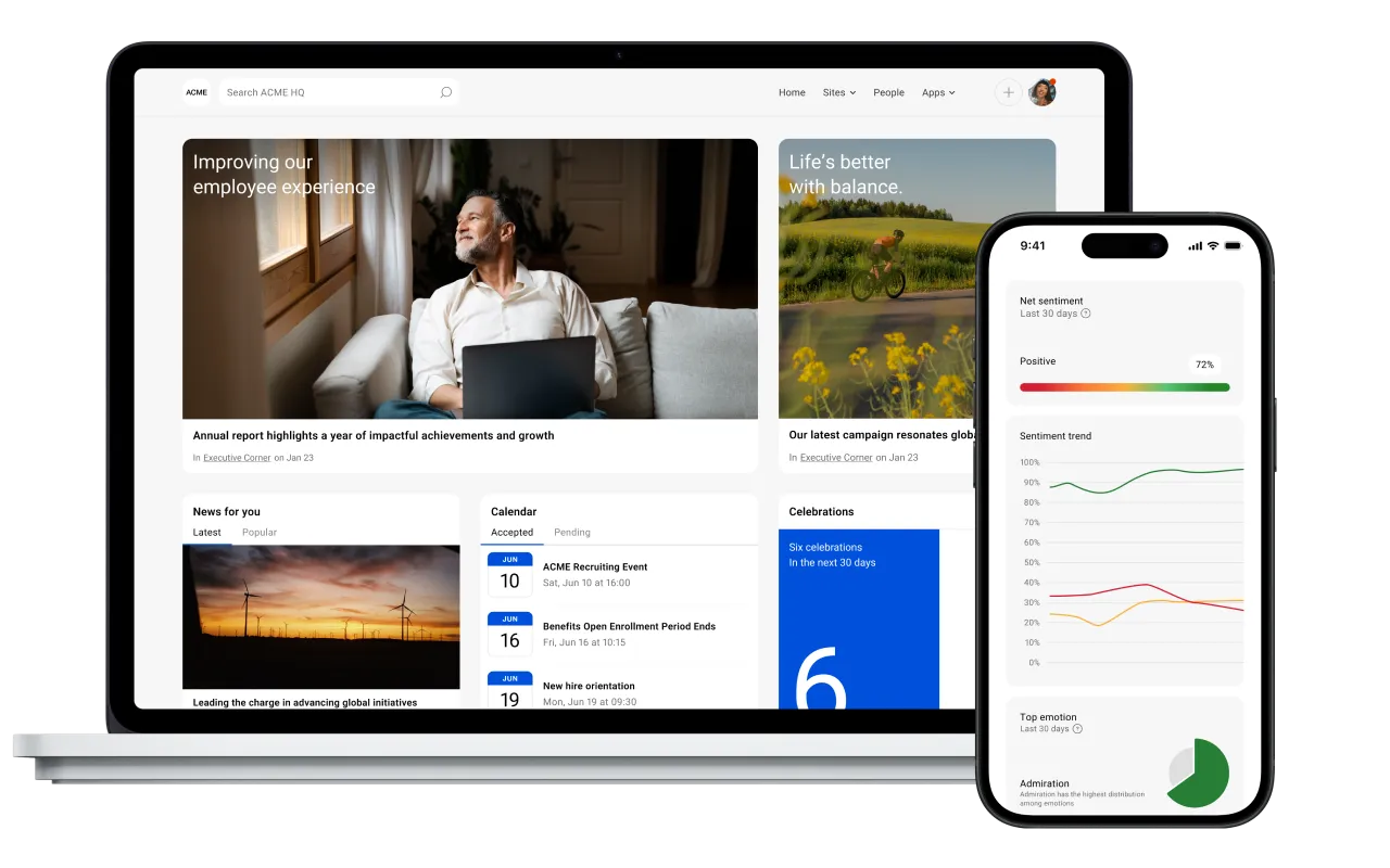 Insight & Analytics - employee experience and newsletter homepage accompanied by mobile intranet sentiment dashboard