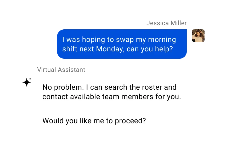 AI Assistant - virtual assistant conversation regarding switching shifts